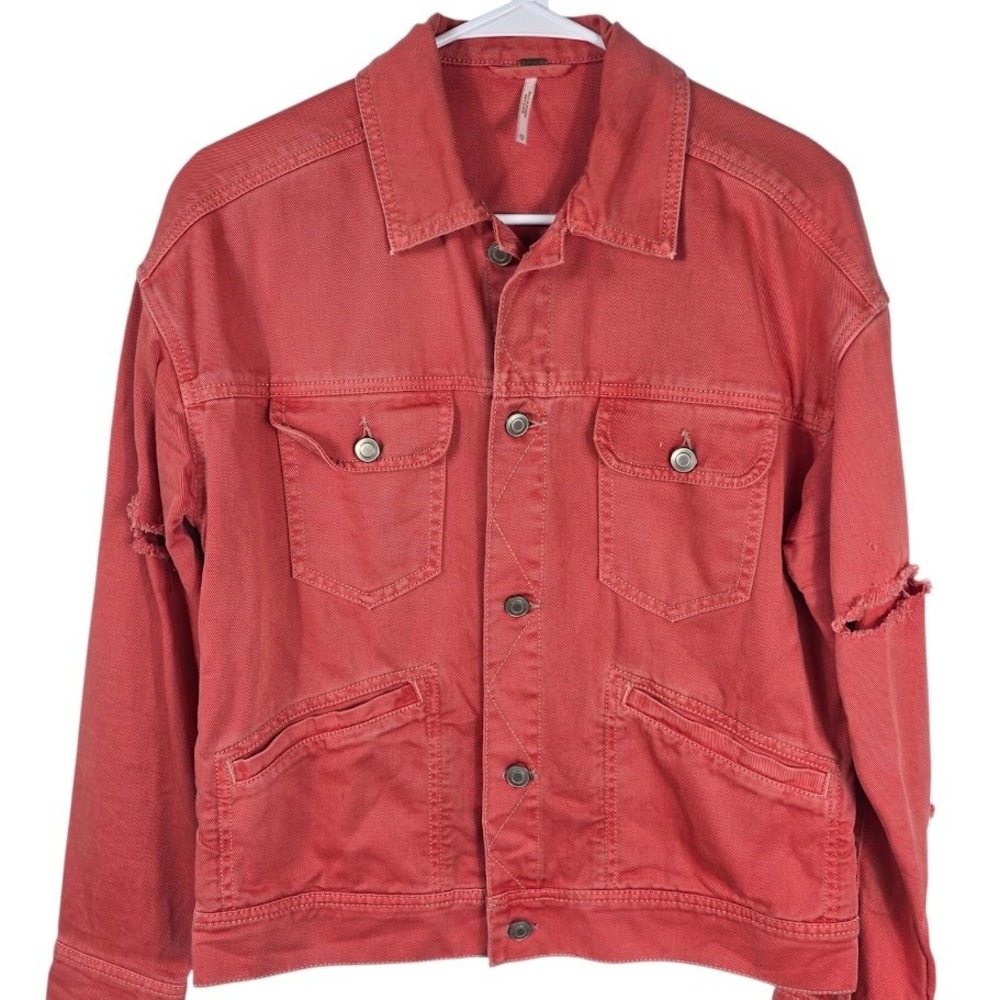 Free People Denim Jacket Womens Burnt Orange Distressed Trucker Oversized Small